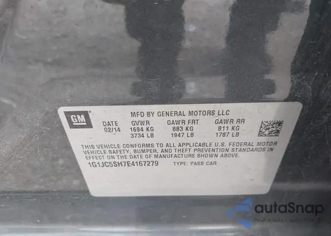 2014 Chevrolet Sonic Lt Auto z USA, uszkodzony, nr VIN 1G1JC5SH7E4167279